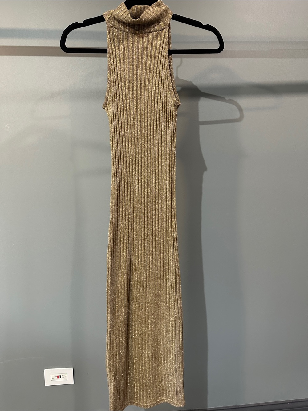 Hot & Delicious Metallic Gold Ribbed Turtleneck Maxi Dress